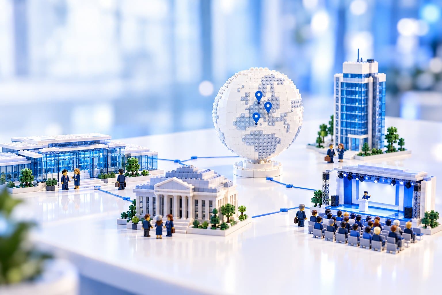 LEGO-Modell eines Globus mit Markierungen in Deutschland, Österreich und der Schweiz, umgeben von Tagungsgebäuden und einer Bühne